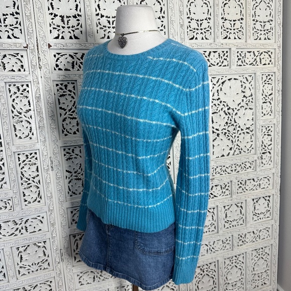 Express Wool Cashmere Blend Blue & White Striped Cable Knit Crew Neck Sweater - Picture 5 of 7